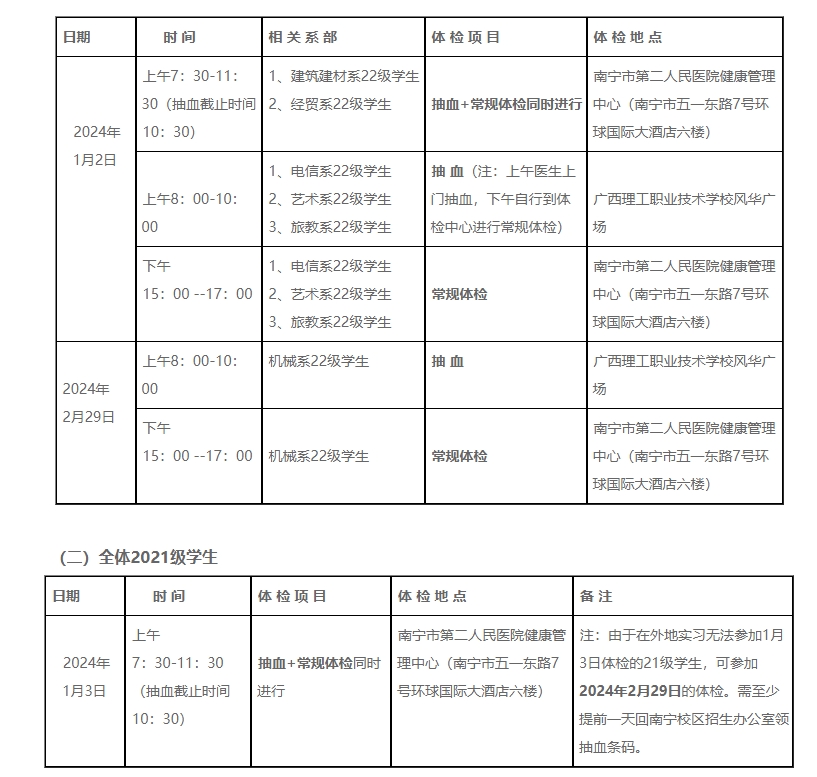 广西理工职业技术学校南宁校区2022级及全体2021级学生高职对口升学体检通知