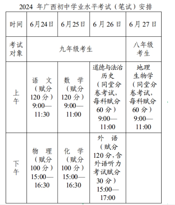 广西中考考试时间